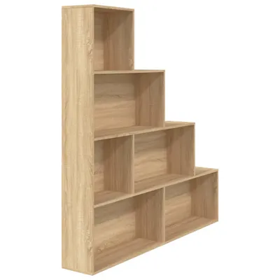 A wooden bookshelf with multiple compartments, arranged in a staggered, staircase-like design.