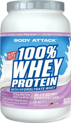 Produktbild von Body Attack 100 % Whey Protein – 900 g Blueberry Cheesecake
