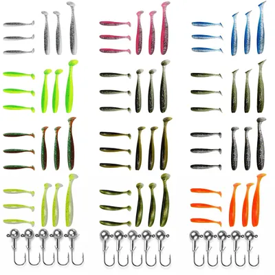 Imagen del producto de Conjunto de señuelos tipo "peces de goma", de 87 piezas, que incluye 72 señuelos y 15 cabezas para jigs, ideal para pescadores