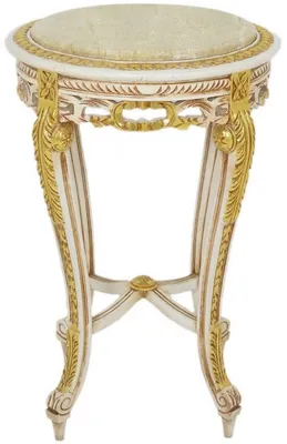 Produktbild von Casa Padrino Barock Beistelltisch mit Marmorplatte Weiß / Beige / Gold / Creme Ø 40 x H. 60 cm - Runder Antik Stil Tisch - Barock Wohnzimmer Möbel