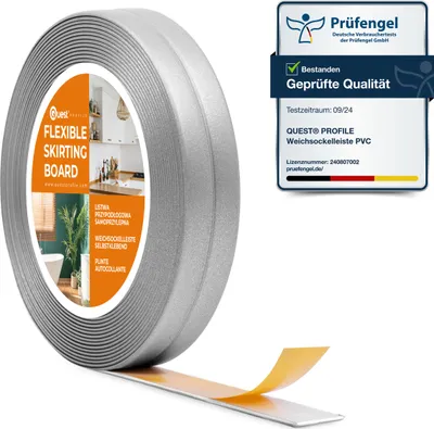 Produktbild von QUEST Weichsockelleiste Selbstklebend 10x10 mm, PVC Knickleiste für Küche, Badezimmer, Flexibel, Dekorativ, UV-beständig, silber, 5 m