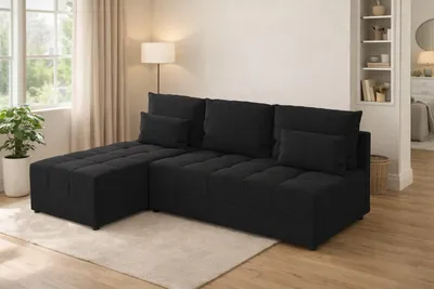 Produktbild von Ecksofa DOMINO L FIT mit Schlaffunktion, Bettkasten, L-Form Sofa Schwarz, 206 cm, universal montierbar