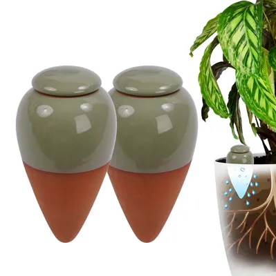 Immagine prodotto di Relaxdays, set di 2 coni per irrigazione, capacità 350 ml, aiutanti per l'irrigazione con coperchio, ideali per piante da interno e vasi da balcone, terracotta/salvia