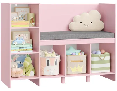 Image de Étagère pour enfants - Étagère à jouets et à livres avec banc - 110 cm de haut, en bois - 6 étagères - Pour chambre d'enfant - Rose