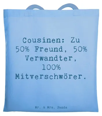 Produktbild von Mr. & Mrs. Panda Tote Bag Spruch Cousin Mitverschwörer - Sky Blue - Geschenk, Familienmitglieder, Jutebeutel, Shopping Tasche, Familie, Cousine, Geschenke, Uni, Spaß