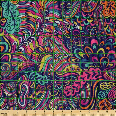 Produktbild von ABAKUHAUS Psychedelisch Satin Stoff als Meterware, Exotische Komposition in lebhaften Farben Wirbelnde Blätter und Blütenblätter Funky Seaweed, 1 M (148 x 100 cm), Mehrfarbig