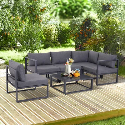 Produktbild von SUGIFT Lounge Sitzgruppe Gartenmöbel, Gartensofa Set 6-tlg., Aluminium Polyester, Grau  |  wetterfest UV-beständig  |  4 Sessel + Ecksofa + Tisch