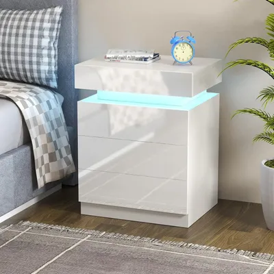 Produktbild von Nachttisch mit LED,Einstellbare Farben,Beistelltisch Nachtschrank mit 3 Schubladen und 1 Verstecktes Staufach,Hochglanz Wohnzimmer Schlafzimmer Möbel