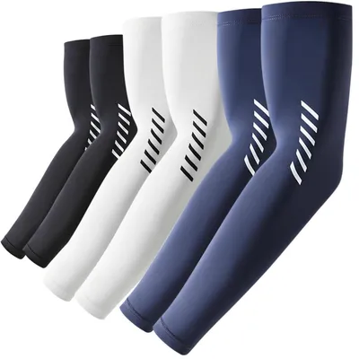 Produktbild von UV Sonnenschutz Arm Sleeve 3 Paar M Schwarz+Weiß+Marineblau Gestreift UPF 50+ Kühlend Kompression