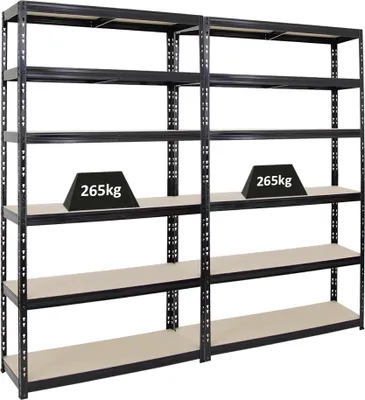 Produktbild von Mega Deal | 2x Schwerlastregal Giant Tiger XL | HxBxT 220x120x40cm | Fachlast 265kg | 6-Ebenen | Schwarz | Garagenregal, Lagerregal, Steckregal, Kellerregal, Werkstattregal