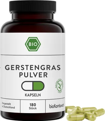 Produktbild von Gerstengras Kapseln | 180 Kapseln | 3000 mg je Tagedosis | Gerstengraspulver | vegan und ohne Zusätze | bioKontor
