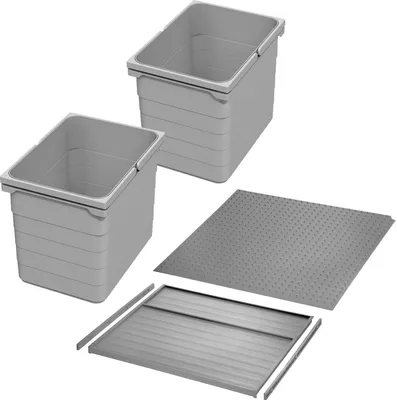 A set of components for a waste separation system, including two bins and two base plates, arranged on a white background.