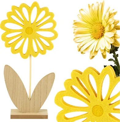 Produktbild von Deko Aufsteller für Ostern und Frühling Niedliche Filz Blumen Osterdeko zum Hinstellen Osterdekoration aus Holz und Filz Gelb