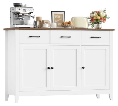 Image de Buffet de cuisine - Buffet / Armoire buffet - 3 tiroirs, 3 portes - Bois - Rangement pour la cuisine et la salle à manger - Blanc