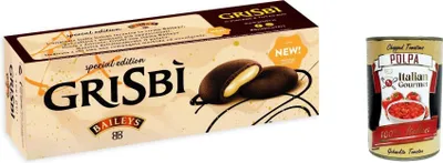 Produktbild von 12x Matilde Vicenzi Grisbi Biscotti al Baileys kekse mit Kakao gefüllt mit Baileys -Creme füllung biscuits cookies 100% Italienische Kekse 112g + Italian Gourmet polpa 400g
