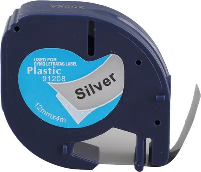 Immagine prodotto di Nastro per etichette Dymo, 12 mm, sfondo argento, lettere nere, accessori per etichettatrici 91208