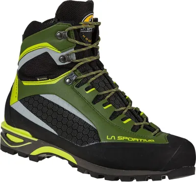 Bergschuhe "Trango Tower Gtx" von La Sportiva in Schwarz und Grün mit reflektierenden Elementen und Schnürung.