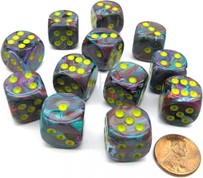 Produktbild von Chessex festliches Mosaik/Gelb D6 16mm Würfelset (12 Stück)