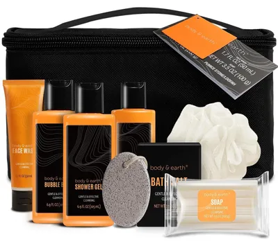 Image de Coffret cadeau pour hommes, senteur agrumes, comprenant 8 produits : gel douche, shampooing, gommage, sels de bain et une pochette