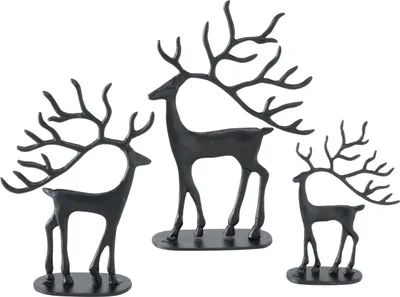 Three black deer figurines of varying sizes are displayed against a white background.