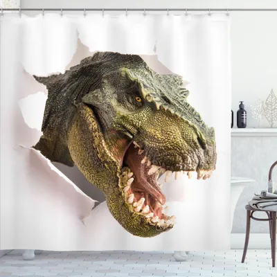 Produktbild von ABAKUHAUS Dinosaurier Duschvorhang, Gefährlicher Dinosaurier reißt die Papierwandbild-furchtsame Bruch-Landschaft auf, 175 x 180 cm, Armeegrün Weiß Grün