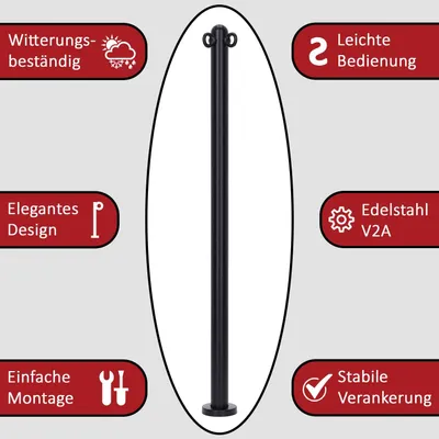 Produktbild von TIBU Absperrpfosten Edelstahl Schwarz Ø 42,4mm Kettenpfosten Parkplatzsperre Eckpfosten für Dübelbefestigung