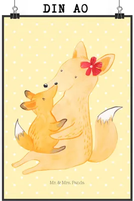 Produktbild von Mr. & Mrs. Panda Bild Fuchs Mama DIN A0 - Gelb Pastell - Geschenk, drucke, Muttertag, Schoß, Tochter, Mutter, Plakat, Kunstdruck, Wandbild, wanddeko