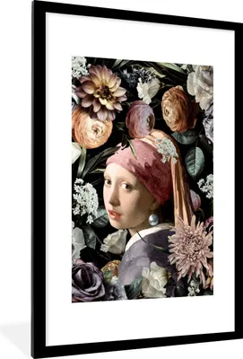 Produktbild von MuchoWow® Gerahmtes Poster Mädchen mit Perlenohrring - Blumen - Vermeer - Pastell - Kunstwerk - Gemälde - Alte Meister 60x90 cm - Poster mit Schwarzem Bilderrahmen Wandposter Rahmen Foto Bilder - Dekoration - Wandposter Wohnzimmer - Hochwertig