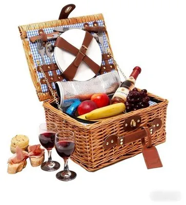 Produktbild von Picknickkorb aus Rattan für 2 Personen mit isolierter Kammer und Zubehör – Blau-Weiß kariert, 35x27x16 cm