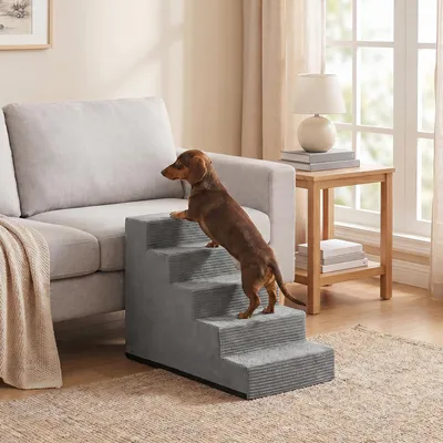 Produktbild von FEANDREA Hundetreppe für Kleine Hunde, 5 Stufen Waschbare Katzentreppe aus Schaumstoff für Sofa, 76 x 40 x 57 cm, Grau