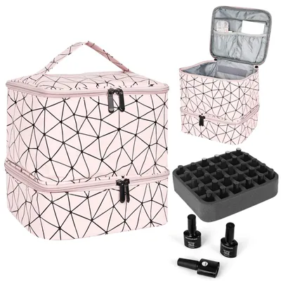 Image de Trousse de rangement pour vernis à ongles, boîte de rangement à double paroi pouvant contenir 30 flacons de vernis à ongles et une lampe à ongles (rose)