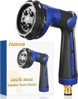 Produktbild von Famanu Gartendusche 100% Heavy Duty Metall Handbrause mit 8 Sprühmustern, verstellbare Wasserstrahlstärke, Blau