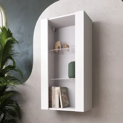 Produktbild von Komodee, Hängende Vitrine Schrank Tivoli, Weiß/Weiß, Breite 50cm x Höhe 100cm 50cm x Tiefe 29cm, 2 Regalböden, für Wohnzimmer, Schlafzimmer, Eingang