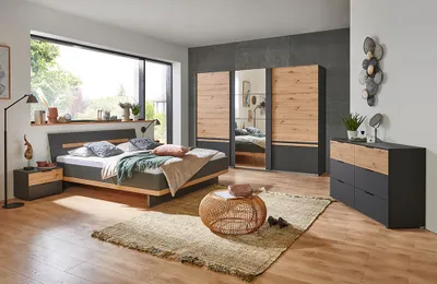 Produktbild von Schlafzimmer Komplett Set GRANADA-43 mit Bett 180x200cm und Schwebetürenschrank in graphit mit Artisan Eiche Nb.