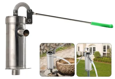 Imagen del producto de Bomba para pozo, fabricada en acero inoxidable 202, con funcionamiento manual, de 25,5 cm de altura, 32 mm de diámetro exterior y 1,3 mm de grosor de la carcasa