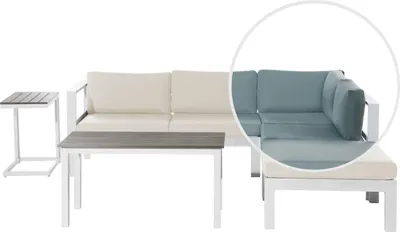 Produktbild von BELIANI Lounge Set Weiß Aluminium und Kunstholz mit Auflagen Bezüge in Grün und Beige Skandi Modern 5-Sitzer Ecksofa und 2 Couchtische Terrasse Garten