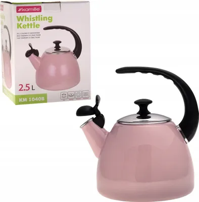 A pink whistling kettle is shown next to its packaging.