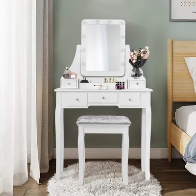 Produktbild von Schminktisch mit Hocker, 360° schwenkbarer Spiegel mit 10 dimmbaren LEDs, Make-up Tisch Kosmetiktisch mit 5 Schubladen, Frisiertisch Set Frisierkommode Holz (weiss)