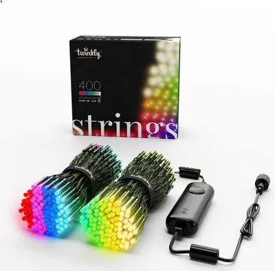 A product shot of Twinkly Strings LED lights and their packaging, set against a white background.
