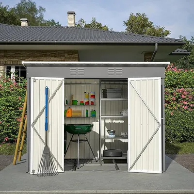 Image de Abri de jardin en métal avec fondation métallique (sans sol), cabanon de jardin résistant aux intempéries avec ventilation et porte verrouillable (gris, 8x4 pieds)