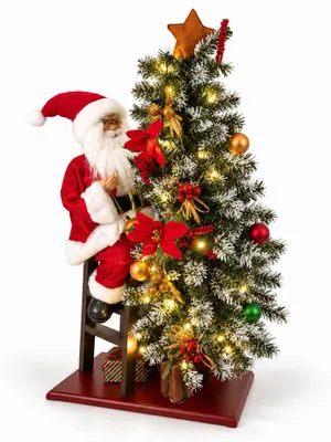 Produktbild von Benza – Weihnachtsmann mit beleuchtetem Weihnachtsbaum auf der Leiter – Maße ca. 38 x 24 x 80 cm – Warmweiße LED mit Timer – Weihnachtsdekoration, KI-generiertes Bild