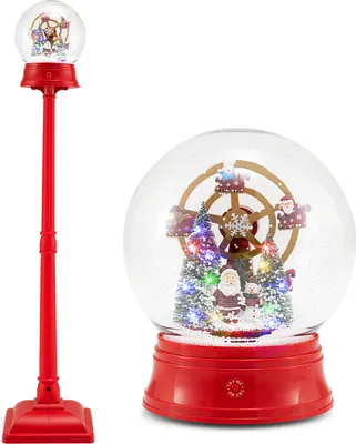 A red Christmas lantern with a detachable snow globe, illuminated with music and colored LEDs.