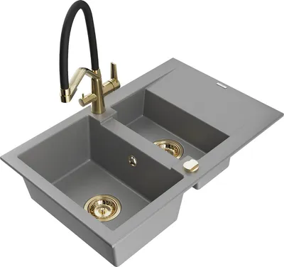 Produktbild von Mexen Gaspar 1,5-Becken-Granitspüle mit Abtropffläche und Mischbatterie Duo, Grau - 6507-71-671701-57-G