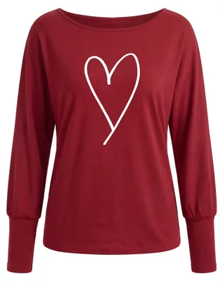 Produktbild von Rote Damen Bluse XL mit Herzchenmuster, U-Boot-Ausschnitt und langen Bischofsärmeln