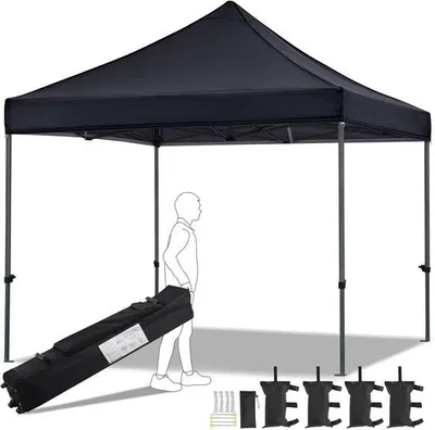Produktbild von 3x3 m großes, wasserdichtes Zelt, inkl. Reisetasche mit Rädern, stabiles Pop-up-Zelt in Höhe verstellbar, UV-Schutz 50+, schwarz