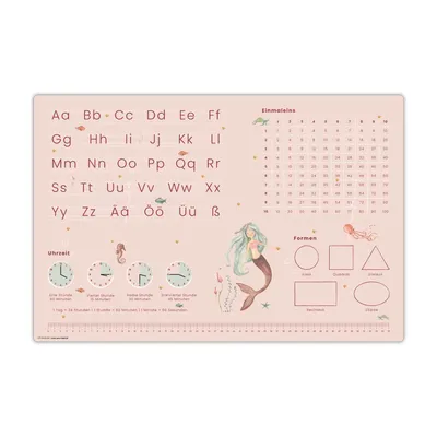 Produktbild von Schreibtischunterlage für Kinder – Lernunterlage in Meerjungfrau Optik ABC, 1x1, Uhr – 60 x 40 cm – aus Vinyl - Mädchen - Hergestellt in Deutschland