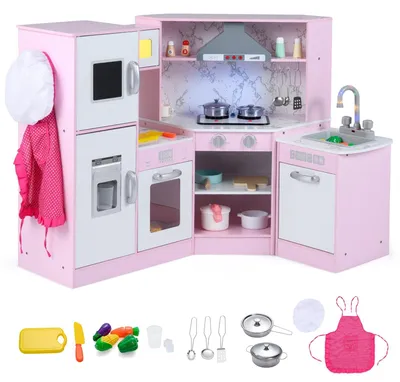 Produktbild von Kinderküche aus Holz mit 16 TLG Spielzubehör Kinder Küche Eckküche mit Tafel Herd Spüle Backofen Spielküche mit Licht und Sound für Kinder Mädchen Rosa