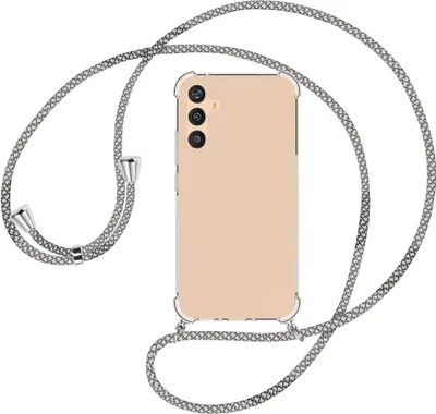 Produktbild von Handykette Backcover-Schutzhülle mit Band (Metall silberfarben) für Samsung Galaxy A34 5G - weiß/grau kariert