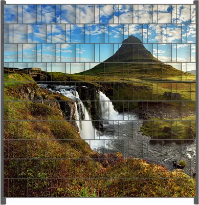 Produktbild von Wallario Zaunsichtschutz mit Motiv Island Panorama Fluss  Berge und blauer Himmel für Ein- und Doppelstabmatten Zäune in der Größe 200 x 200 cm