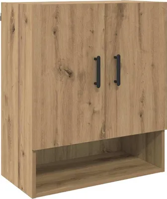 A product shot of a wooden cabinet with two doors and an open shelf below.